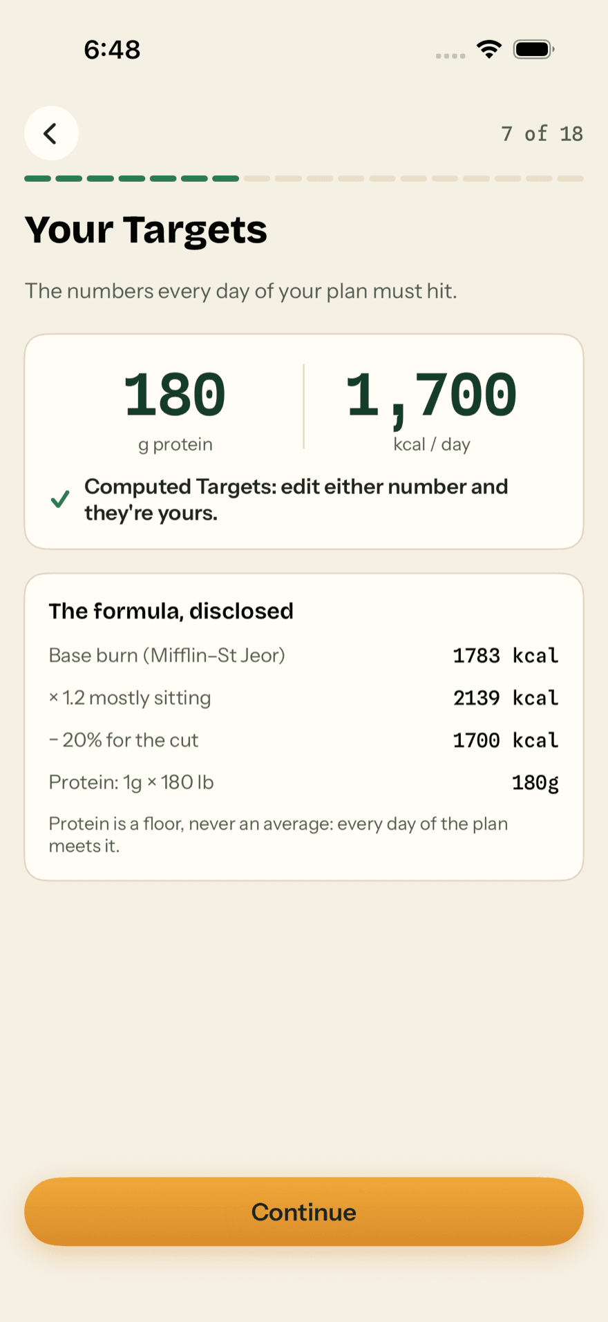 The Targets step: 180g protein and 1,700 kcal per day, marked as computed and editable, with the formula disclosed line by line — base burn, activity, the cut, and protein at 1g per pound