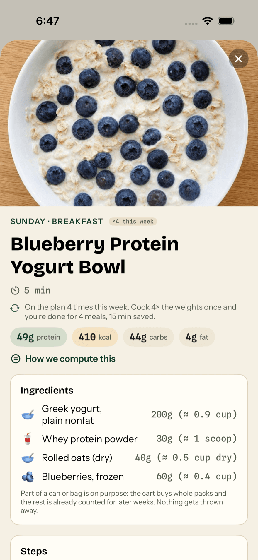 The Blueberry Protein Yogurt Bowl recipe: a photo of the dish, 5 minutes, 49g protein, 410 kcal, a “How we compute this” link, and gram-exact ingredients