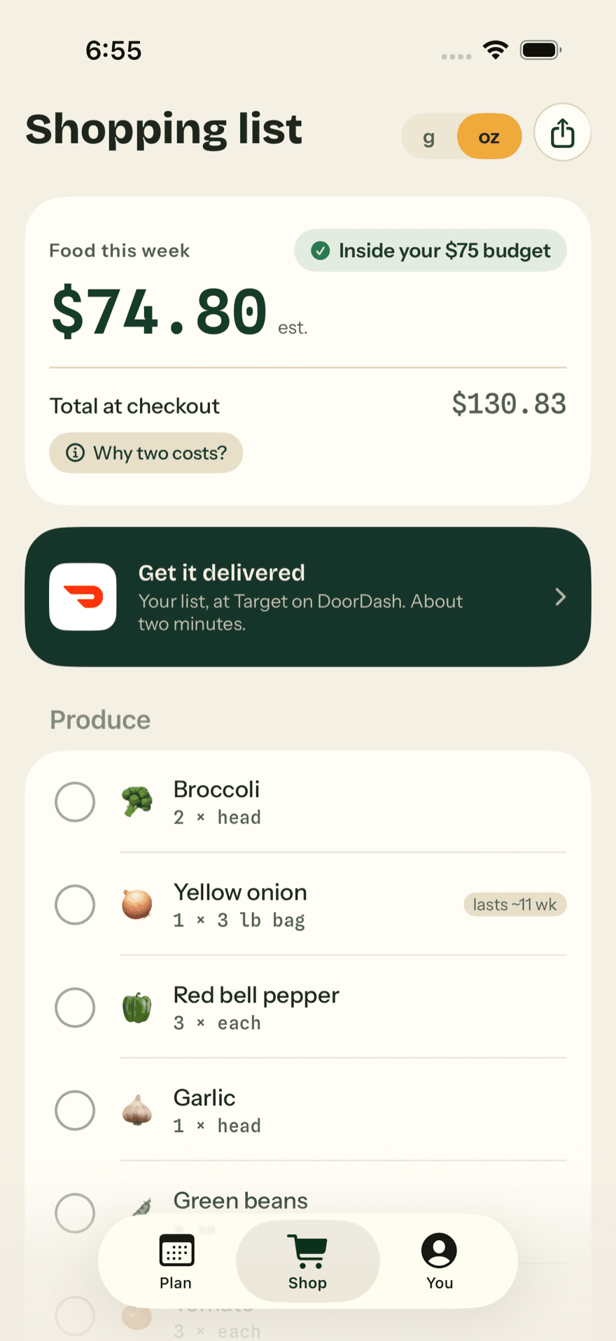The shopping list: $74.80 of food this week, inside a $75 budget, $130.83 at checkout, a “Get it delivered” card that sends the list to Target on DoorDash, and aisle-sorted produce with pack sizes and how long each lasts